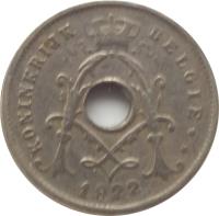 obverse of 5 Centimes - Albert I - Dutch text (1910 - 1931) coin with KM# 67 from Belgium. Inscription: KONINKRIJK BELGIË ** 1922