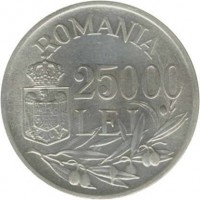 reverse of 25000 Lei - Mihai I (1946) coin with KM# 70 from Romania. Inscription: ROMANIA 25000 LEI