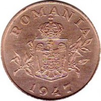 obverse of 2 Lei - Mihai I (1947) coin with KM# 74 from Romania. Inscription: ROMANIA 1947