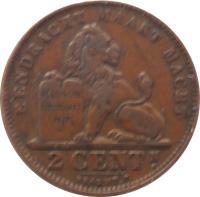 reverse of 2 Centimes - Albert I - Dutch text (1910 - 1919) coin with KM# 65 from Belgium. Inscription: EENDRACHT MAAKT MACHT BELGISCH GRONDWET 1831 2 CENTn . BRAEMT.F