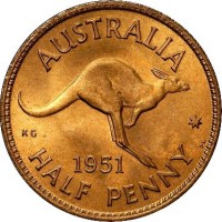 Australia coin 1/2 Penny - George VI - Without IND:IMP (1949 - 1952) reverse reverse of 1/2 Penny - George VI - Without IND:IMP (1949 - 1952) coin with KM# 42 from Australia. Inscription: AUSTRALIA KG 1951 HALF PENNY *