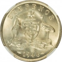 reverse of 6 Pence - George VI (1946 - 1948) coin with KM# 38a from Australia. Inscription: SIXPENCE ADVANCE AUSTRALIA 1946