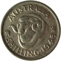 reverse of 1 Shilling - George VI (1946 - 1948) coin with KM# 39a from Australia. Inscription: AUSTRALIA KG *SHILLING · 1946*