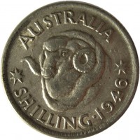 Australia coin 1 Shilling - George VI (1946 - 1948) reverse reverse of 1 Shilling - George VI (1946 - 1948) coin with KM# 39a from Australia. Inscription: AUSTRALIA KG *SHILLING · 1946*