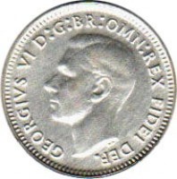 Australia coin 3 Pence - George VI - Without IND:IMP (1949 - 1952) obverse obverse of 3 Pence - George VI - Without IND:IMP (1949 - 1952) coin with KM# 44 from Australia. Inscription: GEORGIVS VI D:G:BR:OMN:REX FIDEI DEF.