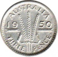 Australia coin 3 Pence - George VI - Without IND:IMP (1949 - 1952) reverse reverse of 3 Pence - George VI - Without IND:IMP (1949 - 1952) coin with KM# 44 from Australia. Inscription: AUSTRALIA 19 50 K G THREE PENCE