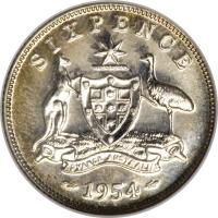 Australia coin 6 Pence - Elizabeth II - Without F:D: (1953 - 1954) reverse reverse of 6 Pence - Elizabeth II - Without F:D: (1953 - 1954) coin with KM# 52 from Australia. Inscription: SIXPENCE ADVANCE AUSTRALIA 1954