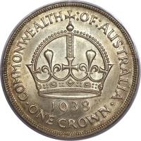 Australia coin 1 Crown - George VI - Coronation (1937 - 1938) reverse reverse of 1 Crown - George VI - Coronation (1937 - 1938) coin with KM# 34 from Australia. Inscription: COMMONWEALTH :OF:AUSTRALIA 1938 · ONE CROWN ·