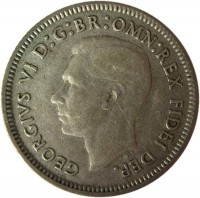 obverse of 6 Pence - George VI - Without IND:IMP (1950 - 1952) coin with KM# 45 from Australia. Inscription: GEORGIVS VI D:G:BR:OMN:REX FIDEI DEF. HP