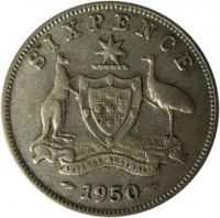 reverse of 6 Pence - George VI - Without IND:IMP (1950 - 1952) coin with KM# 45 from Australia. Inscription: SIXPENCE ADVANCE AUSTRALIA 1950