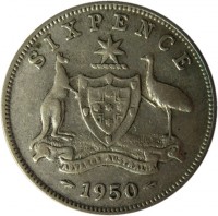 Australia coin 6 Pence - George VI - Without IND:IMP (1950 - 1952) reverse reverse of 6 Pence - George VI - Without IND:IMP (1950 - 1952) coin with KM# 45 from Australia. Inscription: SIXPENCE ADVANCE AUSTRALIA 1950
