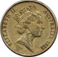 obverse of 1 Dollar - Elizabeth II - First Fleet - 3'rd Portrait (1988) coin with KM# 100 from Australia. Inscription: ELIZABETH II AUSTRALIA 1988 RDM