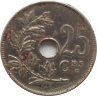 reverse of 25 Centimes - Albert I - French text (1913 - 1929) coin with KM# 68 from Belgium. Inscription: 25 CES A. MICHAUX