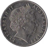 obverse of 20 Cents - Elizabeth II (1999 - 2015) coin with KM# 403 from Australia. Inscription: ELIZABETH II AUSTRALIA 2001 IRB
