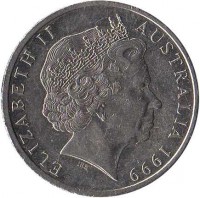 Australia coin 20 Cents - Elizabeth II (1999 - 2015) obverse obverse of 20 Cents - Elizabeth II (1999 - 2015) coin with KM# 403 from Australia. Inscription: ELIZABETH II AUSTRALIA 2001 IRB
