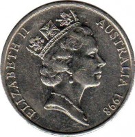 obverse of 20 Cents - Elizabeth II (1985 - 1998) coin with KM# 82 from Australia. Inscription: ELIZABETH II AUSTRALIA 1998 RDM