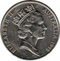 Australia coin 20 Cents - Elizabeth II (1985 - 1998) obverse obverse of 20 Cents - Elizabeth II (1985 - 1998) coin with KM# 82 from Australia. Inscription: ELIZABETH II AUSTRALIA 1998 RDM