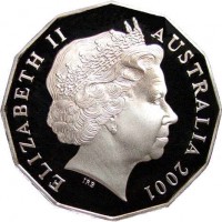 obverse of 50 Cents - Elizabeth II - Federation (2001) coin with KM# 491 from Australia. Inscription: ELIZABETH II AUSTRALIA 2001 IRB