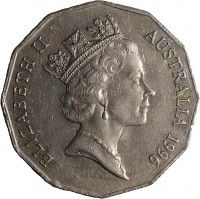 obverse of 50 Cents - Elizabeth II (1985 - 1997) coin with KM# 83 from Australia. Inscription: ELIZABETH II AUSTRALIA 1996 RDM