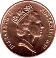 Australia coin 2 Cents - Elizabeth II (1985 - 1991) obverse obverse of 2 Cents - Elizabeth II (1985 - 1991) coin with KM# 79 from Australia. Inscription: ELIZABETH II AUSTRALIA 1989 RDM