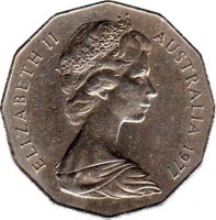obverse of 50 Cents - Elizabeth II - Silver Jubilee (1977) coin with KM# 70 from Australia. Inscription: ELIZABETH II AUSTRALIA 1977