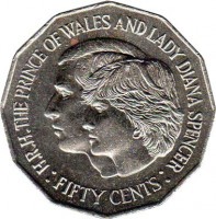 Australia coin 50 Cents - Elizabeth II - Wedding (1981) reverse reverse of 50 Cents - Elizabeth II - Wedding (1981) coin with KM# 72 from Australia. Inscription: :H.R.H.THE PRINCE OF WALES AND LADY DIANA SPENCER: FIFTY CENTS