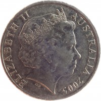 Australia coin 20 Cents - Elizabeth II - World War II (2005) obverse obverse of 20 Cents - Elizabeth II - World War II (2005) coin with KM# 745 from Australia. Inscription: ELIZABETH II AUSTRALIA 2005 IRB