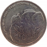 Australia coin 20 Cents - Elizabeth II - World War II (2005) reverse reverse of 20 Cents - Elizabeth II - World War II (2005) coin with KM# 745 from Australia. Inscription: WORLD WAR 1939-1945 COMING HOME 20