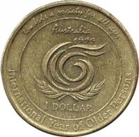 Australia coin 1 Dollar - Elizabeth II - Year of Older Persons - 4'th Portrait (1999) reverse reverse of 1 Dollar - Elizabeth II - Year of Older Persons - 4'th Portrait (1999) coin with KM# 405 from Australia. Inscription: towards a society for all ages Australia 1999 1 DOLLAR International Year of Older Persons
