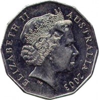 obverse of 50 Cents - Elizabeth II - Volunteers (2003) coin with KM# 689 from Australia. Inscription: ELIZABETH II AUSTRALIA 2003 IRB