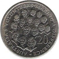 reverse of 20 Cents - Elizabeth II - Volunteers (2003) coin with KM# 688 from Australia. Inscription: AUSTRALIA'S VOLUNTEERS · MAKING A DIFFERENCE · 20