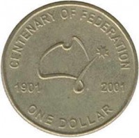 reverse of 1 Dollar - Elizabeth II - Federation - 4'th Portrait (2001) coin with KM# 534 from Australia. Inscription: CENTENARY OF FEDERATION 1901 2001 ONE DOLLAR