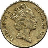 obverse of 1 Dollar - Elizabeth II - 100th Anniversary of Death of Sir Henry Parkes - 3'rd Portrait (1996) coin with KM# 310 from Australia. Inscription: ELIZABETH II AUSTRALIA 1996 RDM