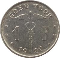 Belgium coin 1 Franc - Albert I - Dutch text (1922 - 1935) reverse reverse of 1 Franc - Albert I - Dutch text (1922 - 1935) coin with KM# 90 from Belgium. Inscription: GOED VOOR 1 F 1922