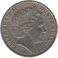 obverse of 20 Cents - Elizabeth II - Sir Donald Bradman (2001) coin with KM# 589 from Australia. Inscription: ELIZABETH II AUSTRALIA 2001 IRB