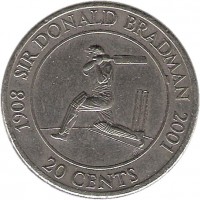 reverse of 20 Cents - Elizabeth II - Sir Donald Bradman (2001) coin with KM# 589 from Australia. Inscription: 1908 SIR DONALD BRADMAN 2001 20 CENTS