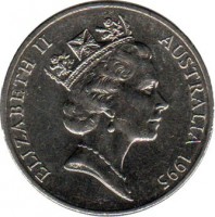 obverse of 20 Cents - Elizabeth II - United Nations (1995) coin with KM# 295 from Australia. Inscription: ELIZABETH II AUSTRALIA 1995 RDM