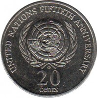 Australia coin 20 Cents - Elizabeth II - United Nations (1995) reverse reverse of 20 Cents - Elizabeth II - United Nations (1995) coin with KM# 295 from Australia. Inscription: UNITED NATIONS FIFTIETH ANNIVERSARY HH 20 cents