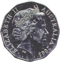 obverse of 50 Cents - Elizabeth II - World War II Remembrance (2005) coin with KM# 746 from Australia. Inscription: ELIZABETH II AUSTRALIA 2005 IRB