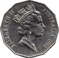 obverse of 50 Cents - Elizabeth II - Australian Bicentenary (1988) coin with KM# 99 from Australia. Inscription: ELIZABETH II AUSTRALIA 1988 RDM