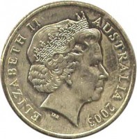 obverse of 1 Dollar - Elizabeth II - Women's Suffrage - 4'th Portrait (2003) coin with KM# 754 from Australia. Inscription: ELIZABETH II AUSTRALIA 2003 IRB
