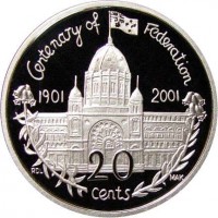 Australia coin 20 Cents - Elizabeth II - Victoria (2001) reverse reverse of 20 Cents - Elizabeth II - Victoria (2001) coin with KM# 556 from Australia. Inscription: Centenary of Federation 1901 2001 RDL MAK 20 cents