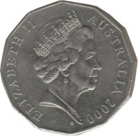 obverse of 50 Cents - Elizabeth II - Royal Visit (2000) coin with KM# 437 from Australia. Inscription: ELIZABETH II AUSTRALIA 2000