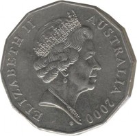 Australia coin 50 Cents - Elizabeth II - Royal Visit (2000) obverse obverse of 50 Cents - Elizabeth II - Royal Visit (2000) coin with KM# 437 from Australia. Inscription: ELIZABETH II AUSTRALIA 2000
