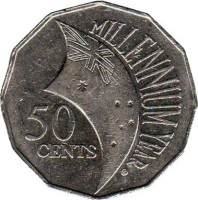 reverse of 50 Cents - Elizabeth II - Millennium (2000) coin with KM# 488 from Australia. Inscription: MILLENNIUM YEAR 50 CENTS