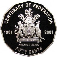 reverse of 50 Cents - Elizabeth II - Norfolk Island (2001) coin with KM# 533 from Australia. Inscription: CENTENARY OF FEDERATION 1901 2001 * INASMUCH * NORFOLK ISLAND FIFTY CENTS