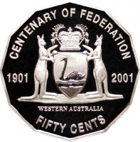 Australia coin 50 Cents - Elizabeth II - Western Australia (2001) reverse reverse of 50 Cents - Elizabeth II - Western Australia (2001) coin with KM# 563 from Australia. Inscription: CENTENARY OF FEDERATION 1901 2001 FIFTY CENTS