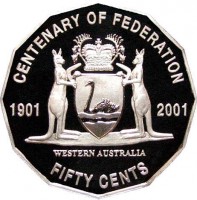 reverse of 50 Cents - Elizabeth II - Western Australia (2001) coin with KM# 563 from Australia. Inscription: CENTENARY OF FEDERATION 1901 2001 FIFTY CENTS