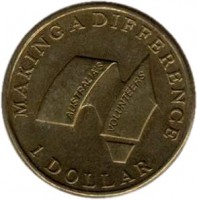 Australia coin 1 Dollar - Elizabeth II - Volunteers - 4'th Portrait (2003) reverse reverse of 1 Dollar - Elizabeth II - Volunteers - 4'th Portrait (2003) coin with KM# 690 from Australia. Inscription: MAKING A DIFFERENCE AUSTRALIA'S VOLUNTEERS 1 DOLLAR
