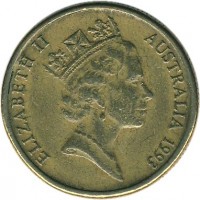 obverse of 1 Dollar - Elizabeth II - Landcare Australia - 3'rd Portrait (1993) coin with KM# 208 from Australia. Inscription: ELIZABETH II AUSTRALIA 1993 RDM